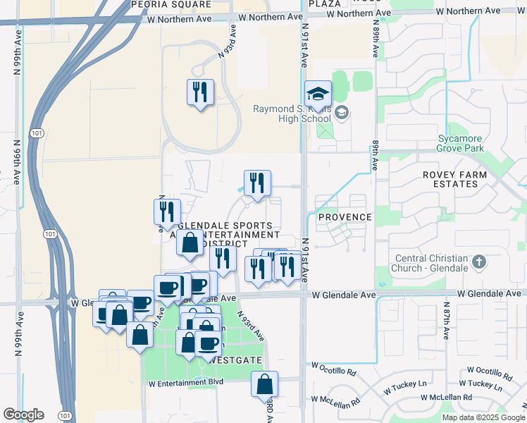 map of restaurants, bars, coffee shops, grocery stores, and more near 7375 North Zanjero Boulevard in Glendale