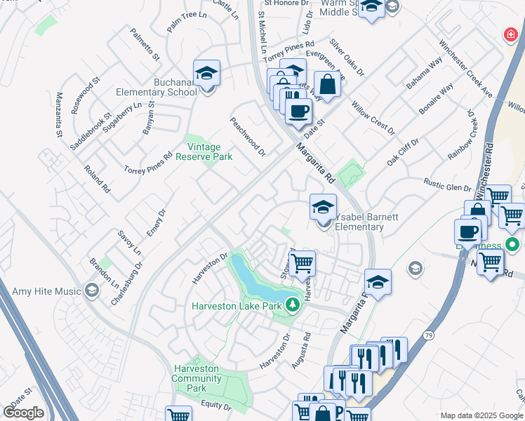map of restaurants, bars, coffee shops, grocery stores, and more near 39894 Camden Court in Temecula
