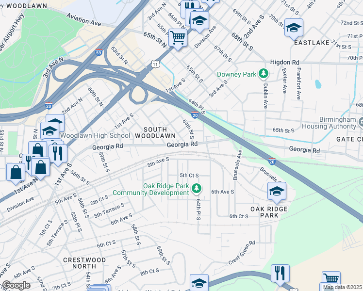 map of restaurants, bars, coffee shops, grocery stores, and more near 6231 Georgia Road in Birmingham
