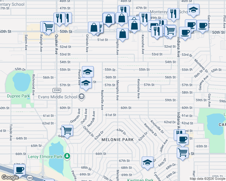 map of restaurants, bars, coffee shops, grocery stores, and more near 3801-3999 58th St in Lubbock