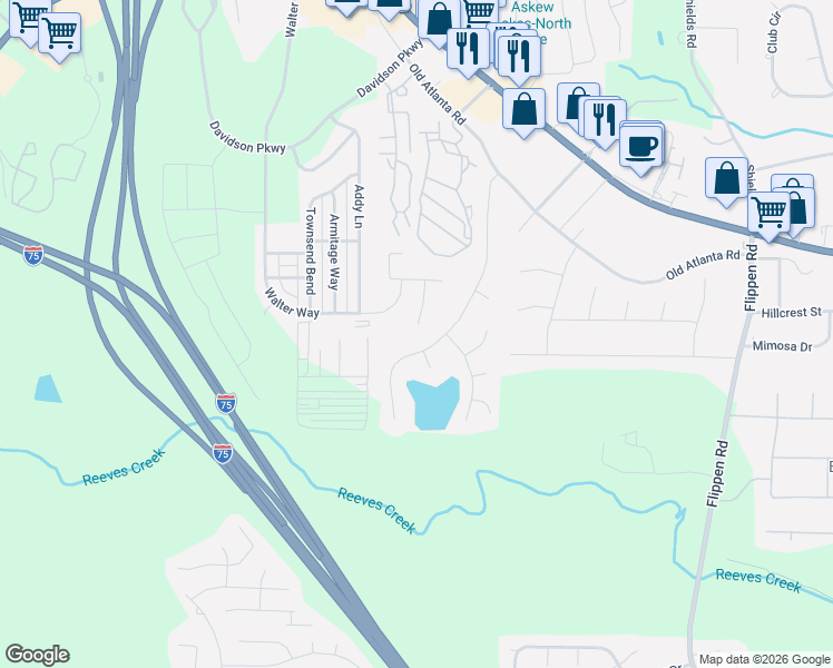 map of restaurants, bars, coffee shops, grocery stores, and more near 164 Willow Springs Lane in Stockbridge