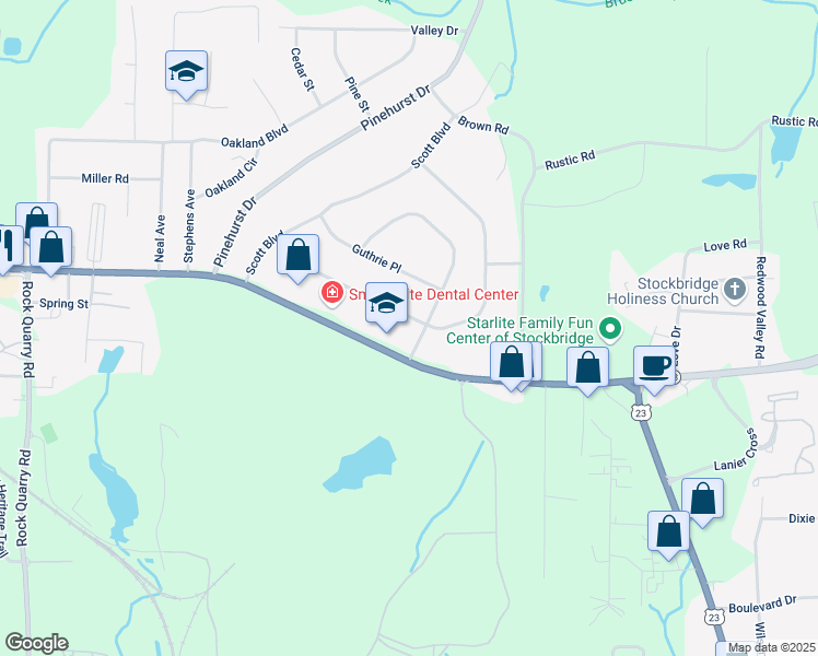 map of restaurants, bars, coffee shops, grocery stores, and more near 170 Charlotte Boulevard in Stockbridge