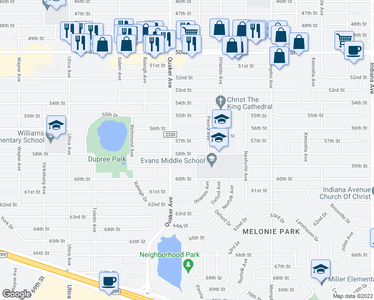 map of restaurants, bars, coffee shops, grocery stores, and more near 4316 58th Street in Lubbock