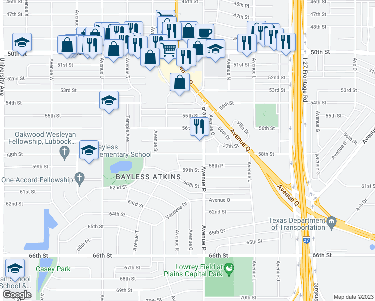 map of restaurants, bars, coffee shops, grocery stores, and more near 1614 58th Street in Lubbock