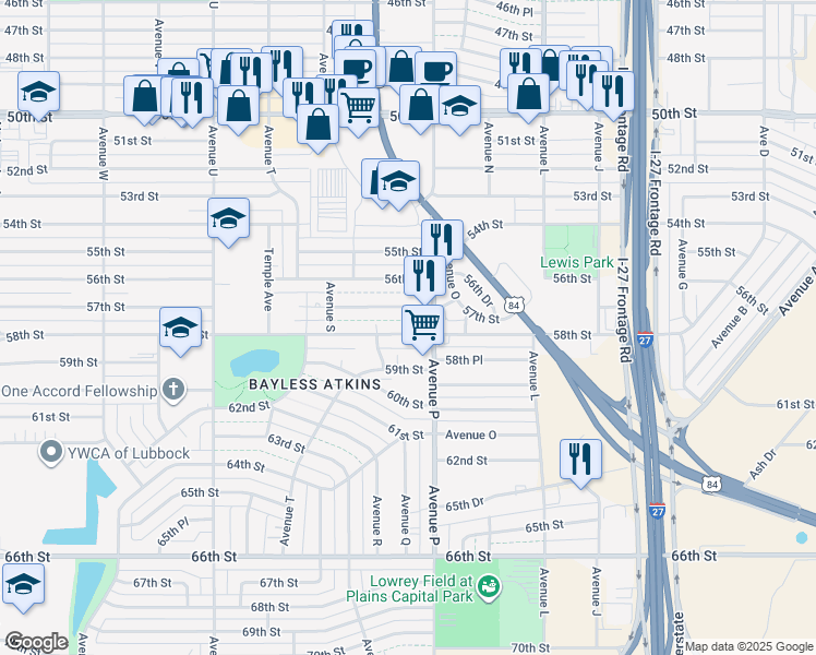 map of restaurants, bars, coffee shops, grocery stores, and more near 1613 58th Street in Lubbock