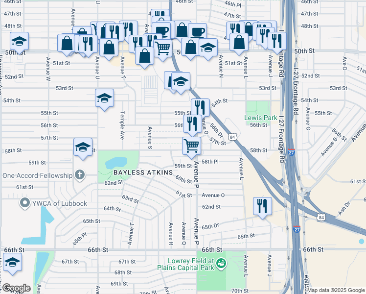 map of restaurants, bars, coffee shops, grocery stores, and more near 1613 58th Street in Lubbock