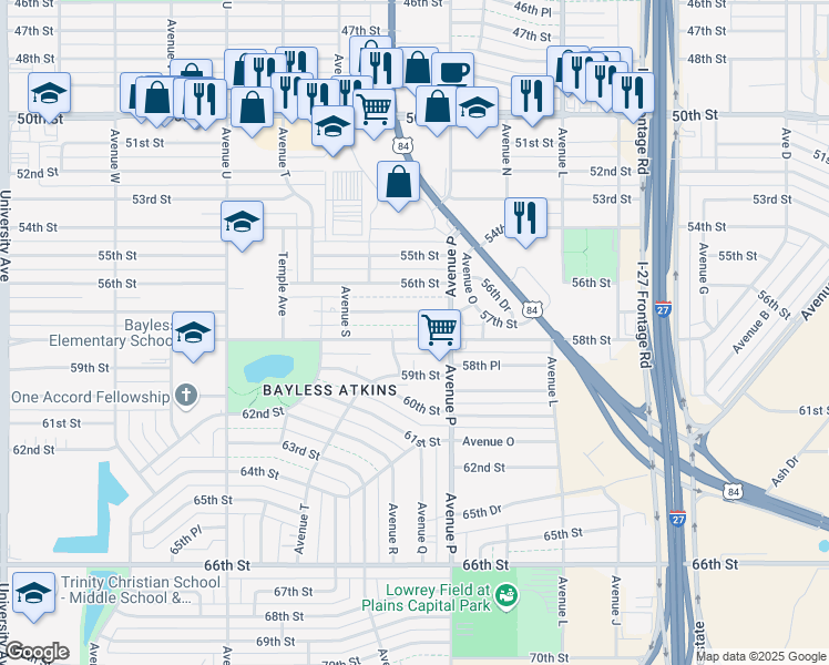 map of restaurants, bars, coffee shops, grocery stores, and more near 1613 58th Street in Lubbock