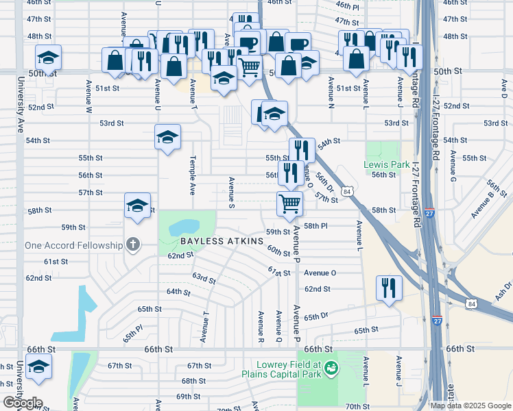 map of restaurants, bars, coffee shops, grocery stores, and more near 2005 58th Street in Lubbock