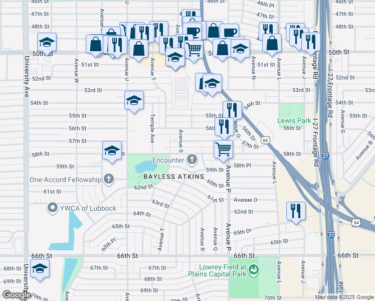 map of restaurants, bars, coffee shops, grocery stores, and more near 2005 58th Street in Lubbock