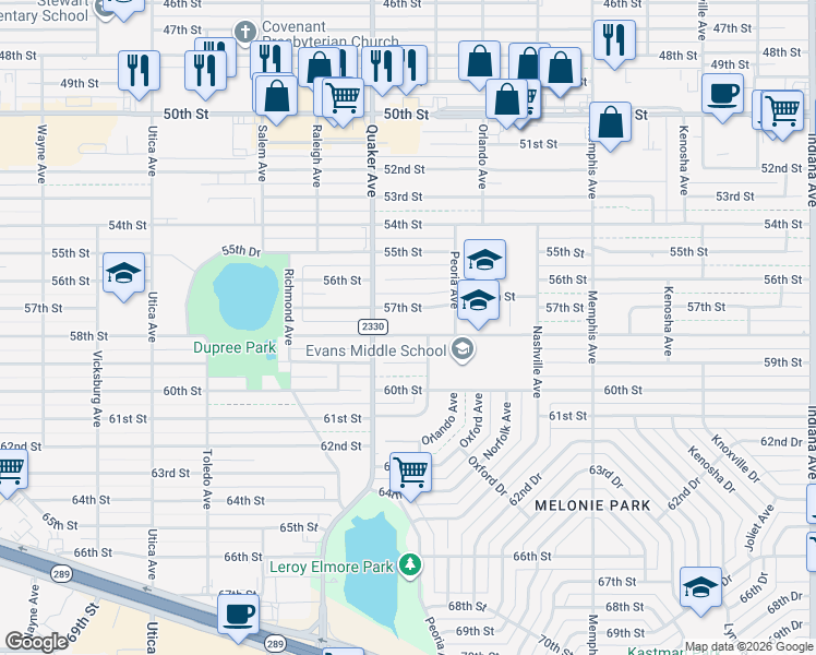 map of restaurants, bars, coffee shops, grocery stores, and more near 4309 58th Street in Lubbock