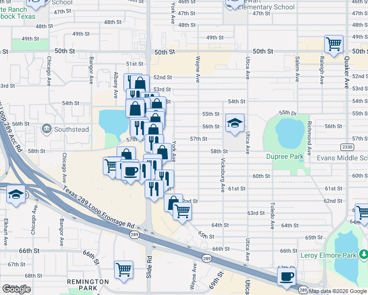 map of restaurants, bars, coffee shops, grocery stores, and more near 5009 58th Street in Lubbock