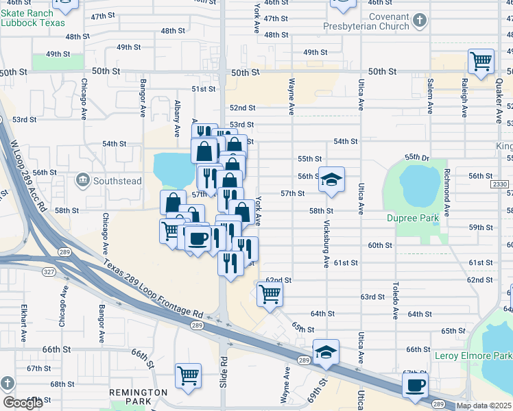 map of restaurants, bars, coffee shops, grocery stores, and more near 5106 58th Street in Lubbock