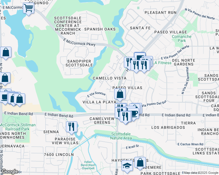 map of restaurants, bars, coffee shops, grocery stores, and more near 7004 North Vía Camello Del Sur in Scottsdale
