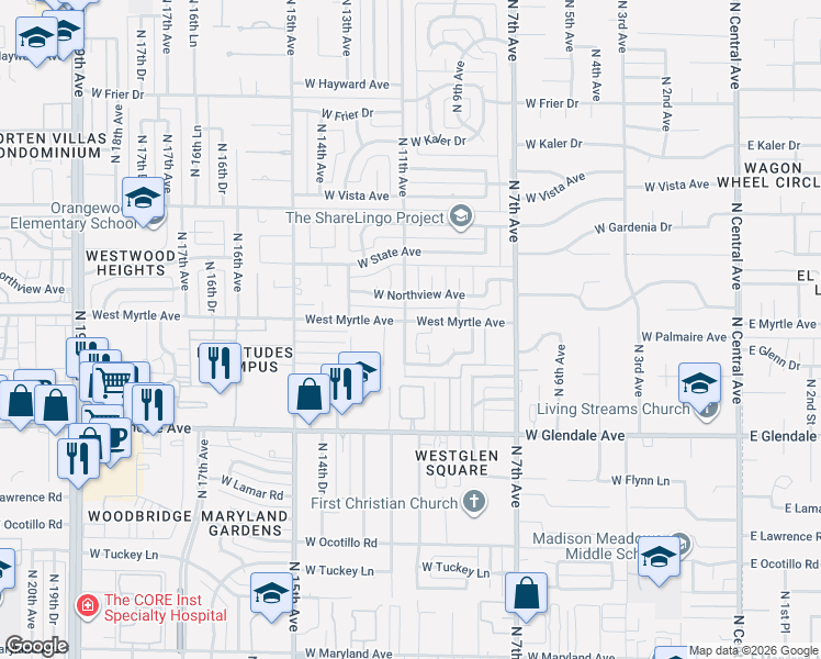 map of restaurants, bars, coffee shops, grocery stores, and more near 7119 North 10th Avenue in Phoenix