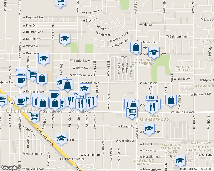 map of restaurants, bars, coffee shops, grocery stores, and more near 7154 North 53rd Avenue in Glendale