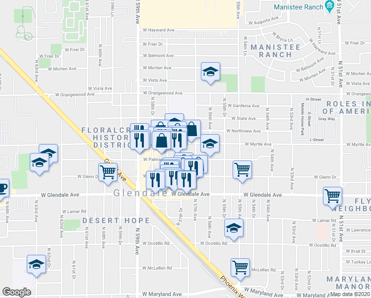 map of restaurants, bars, coffee shops, grocery stores, and more near 7145 North 57th Drive in Glendale