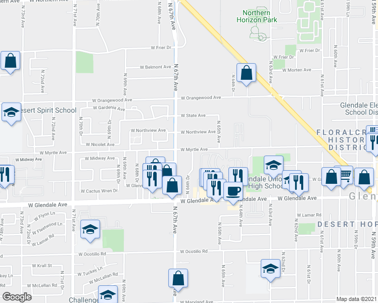 map of restaurants, bars, coffee shops, grocery stores, and more near 7143 North 66th Drive in Glendale