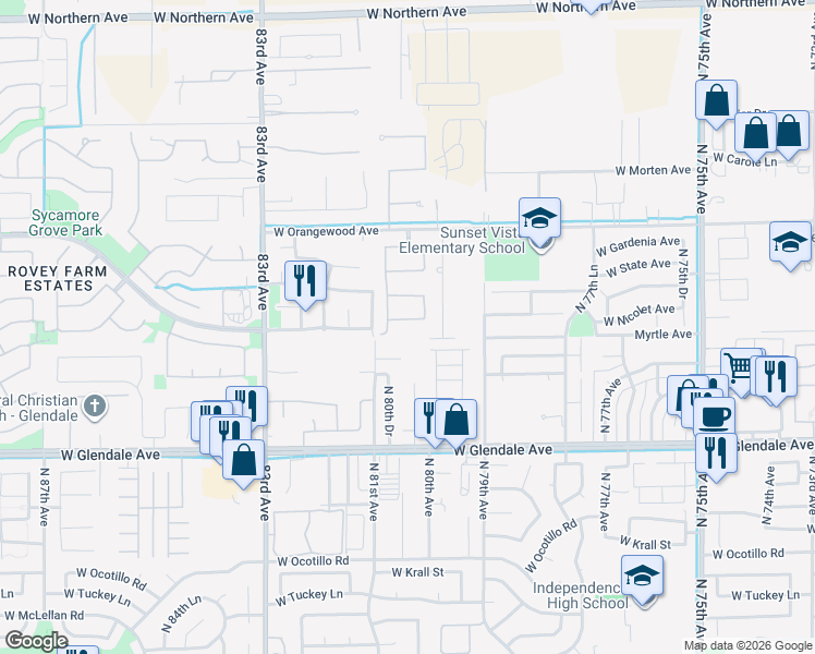 map of restaurants, bars, coffee shops, grocery stores, and more near 7238 North 79th Lane in Glendale