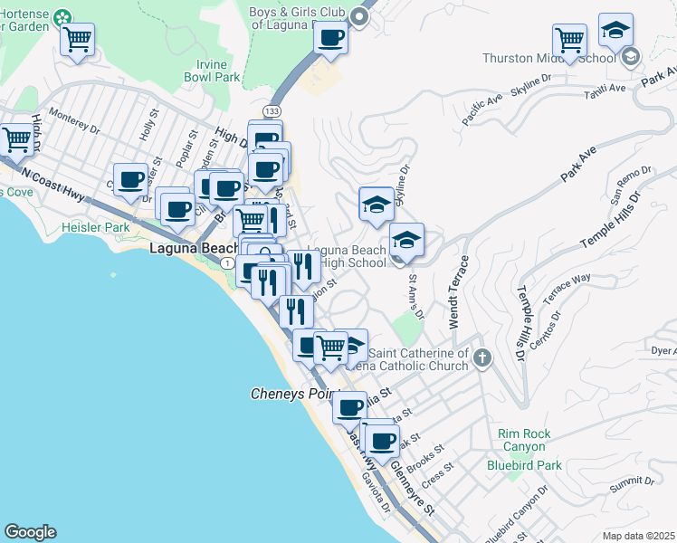 map of restaurants, bars, coffee shops, grocery stores, and more near 545 Legion Street in Laguna Beach
