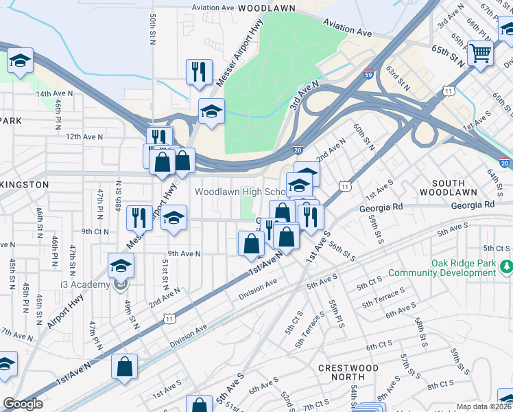 map of restaurants, bars, coffee shops, grocery stores, and more near 5312 Georgia Road in Birmingham