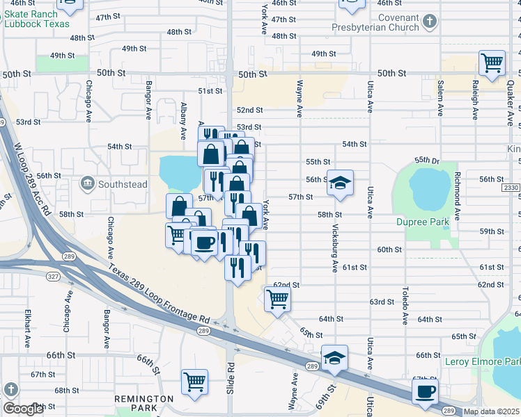 map of restaurants, bars, coffee shops, grocery stores, and more near 5106 58th Street in Lubbock