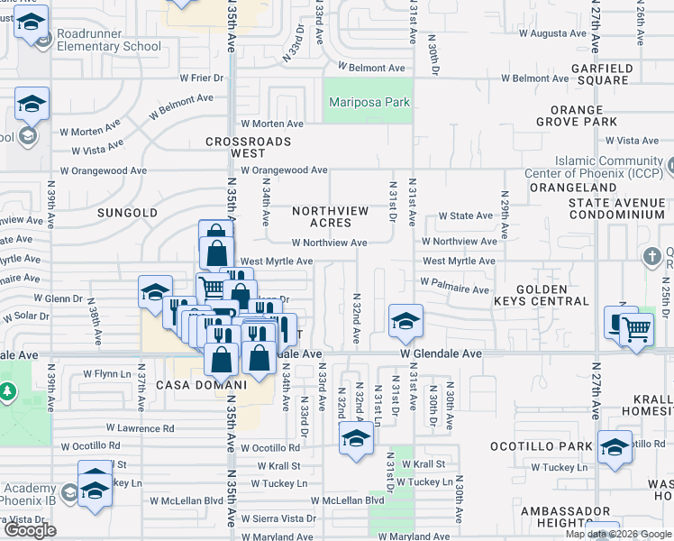 map of restaurants, bars, coffee shops, grocery stores, and more near 3228 West Glendale Avenue in Phoenix