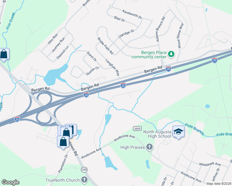 map of restaurants, bars, coffee shops, grocery stores, and more near Interstate 20 in North Augusta