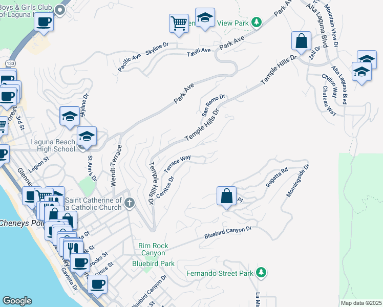 map of restaurants, bars, coffee shops, grocery stores, and more near 1408 Terrace Way in Laguna Beach