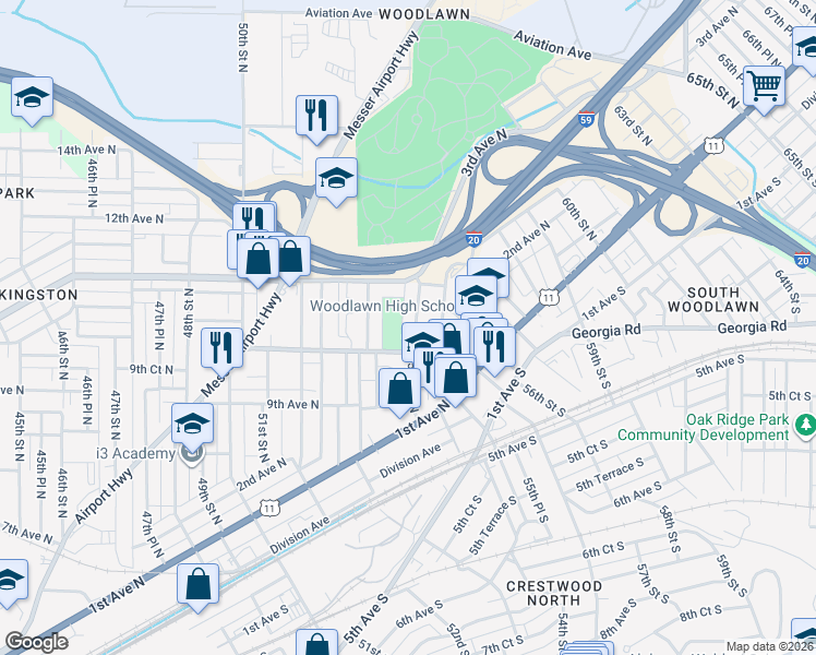 map of restaurants, bars, coffee shops, grocery stores, and more near 5312 Georgia Road in Birmingham