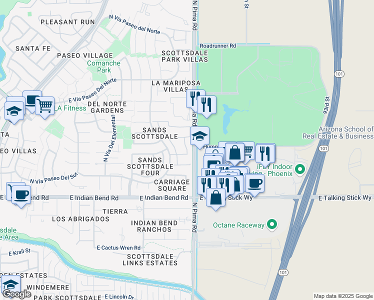 map of restaurants, bars, coffee shops, grocery stores, and more near 7220 North Vía De La Siesta in Scottsdale