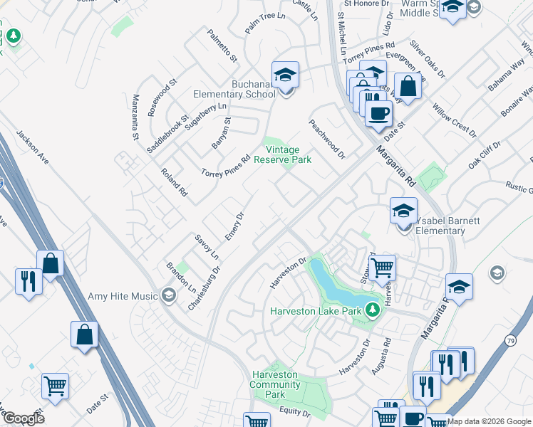 map of restaurants, bars, coffee shops, grocery stores, and more near 27433 Lovettsville Lane in Temecula