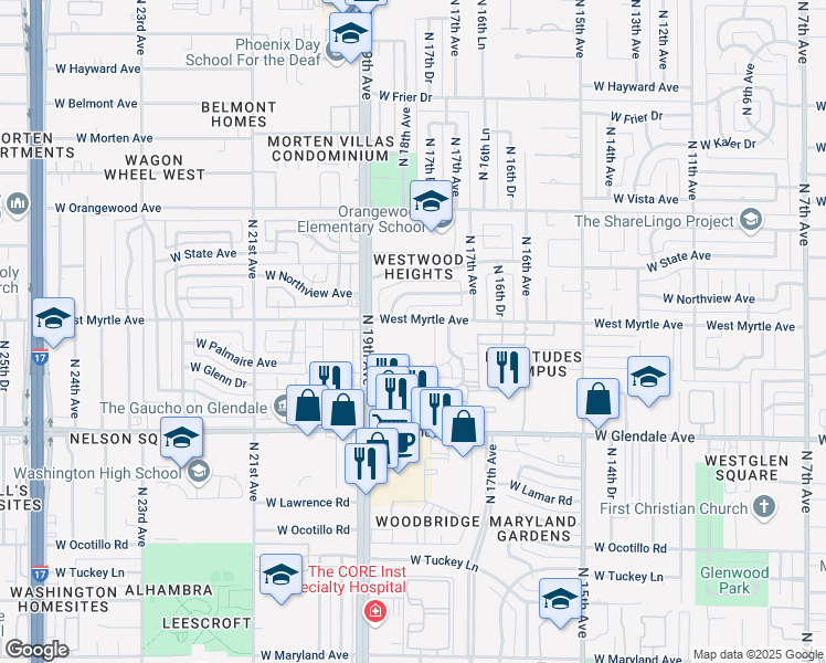 map of restaurants, bars, coffee shops, grocery stores, and more near 1813 W Myrtle Ave in Phoenix