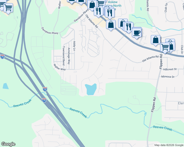 map of restaurants, bars, coffee shops, grocery stores, and more near 147 Willow Springs Lane in Stockbridge