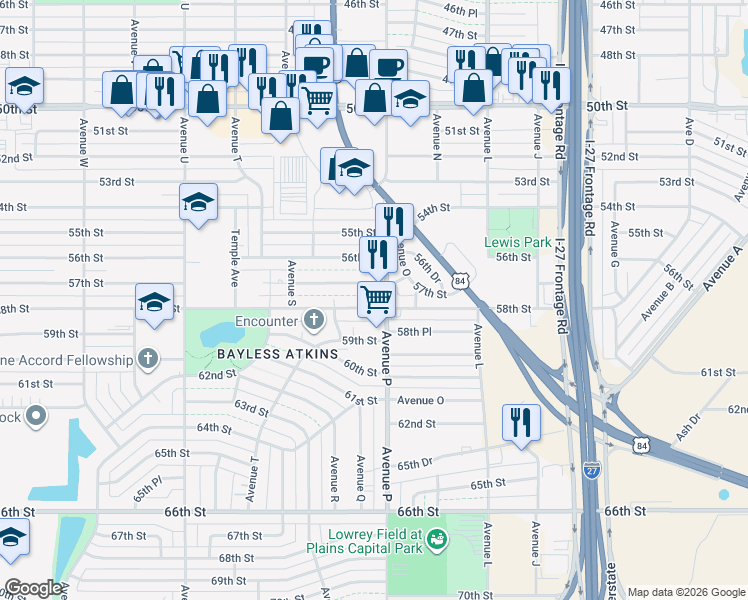 map of restaurants, bars, coffee shops, grocery stores, and more near 1606 58th Street in Lubbock