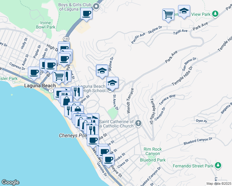 map of restaurants, bars, coffee shops, grocery stores, and more near 795 Saint Ann's Drive in Laguna Beach