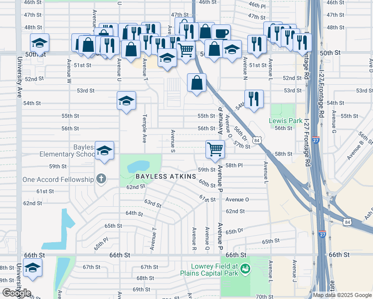 map of restaurants, bars, coffee shops, grocery stores, and more near 1630 58th Street in Lubbock
