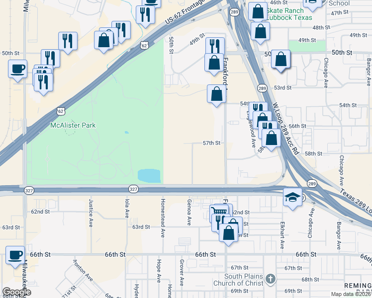 map of restaurants, bars, coffee shops, grocery stores, and more near 5702 Genoa Avenue in Lubbock