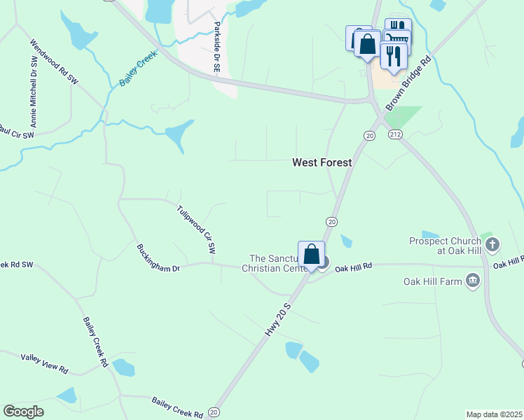 map of restaurants, bars, coffee shops, grocery stores, and more near 150 Fourwood Drive in Covington
