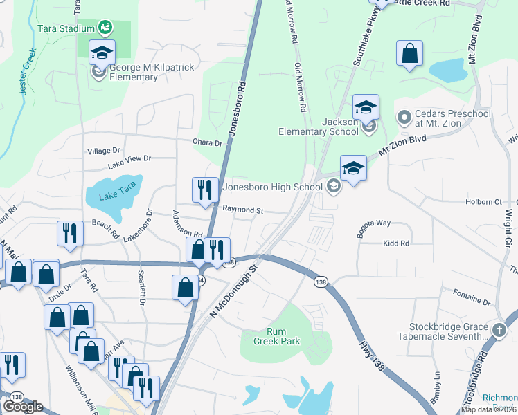 map of restaurants, bars, coffee shops, grocery stores, and more near 113 Raymond Street in Jonesboro