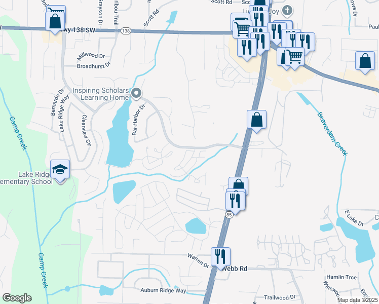 map of restaurants, bars, coffee shops, grocery stores, and more near 950 Lake Ridge Parkway in Riverdale