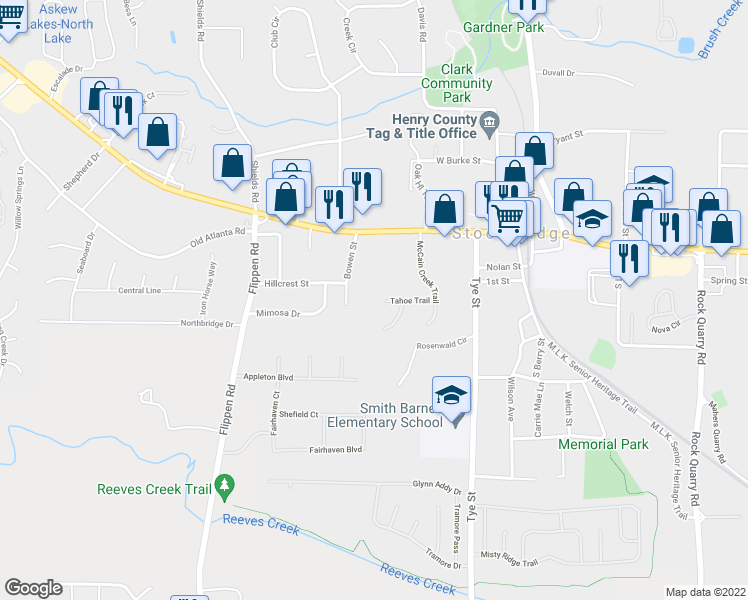 map of restaurants, bars, coffee shops, grocery stores, and more near 621 Tahoe Trail in Stockbridge