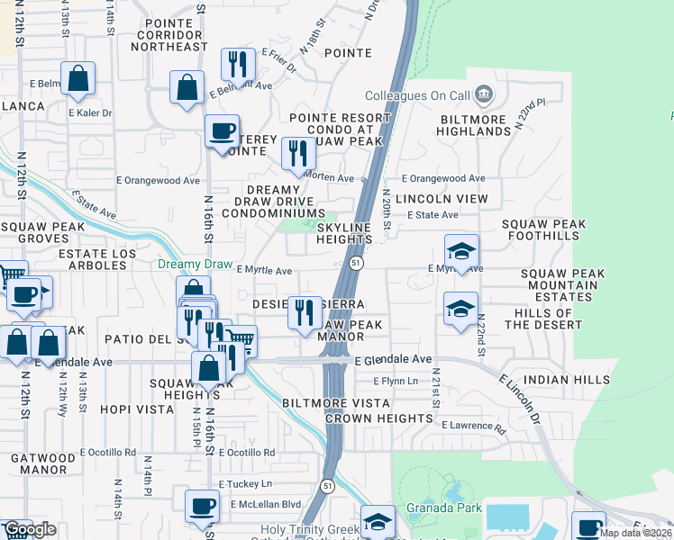 map of restaurants, bars, coffee shops, grocery stores, and more near 1823 East Myrtle Avenue in Phoenix