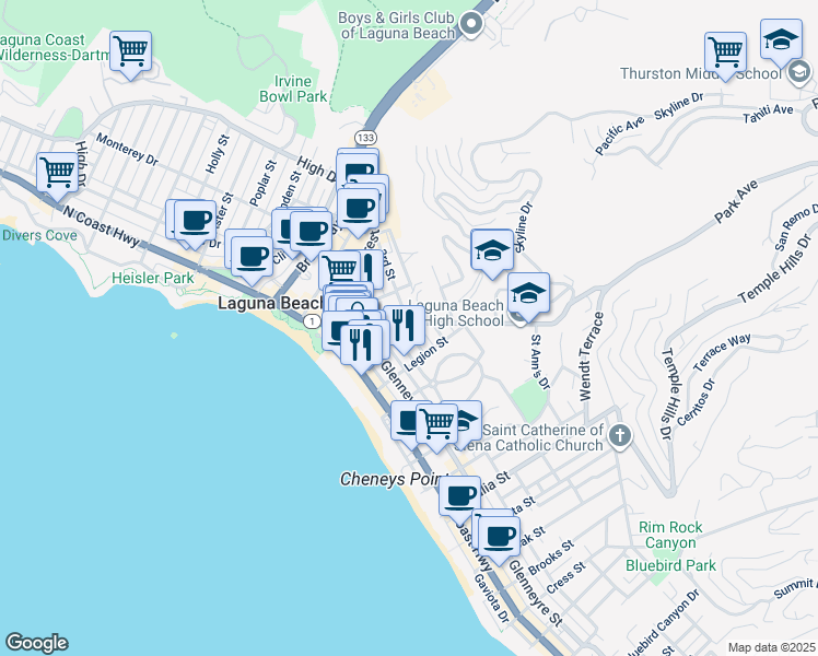 map of restaurants, bars, coffee shops, grocery stores, and more near 461 Park Avenue in Laguna Beach