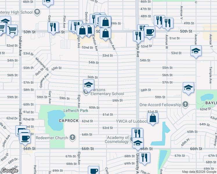 map of restaurants, bars, coffee shops, grocery stores, and more near 2706 58th Street in Lubbock