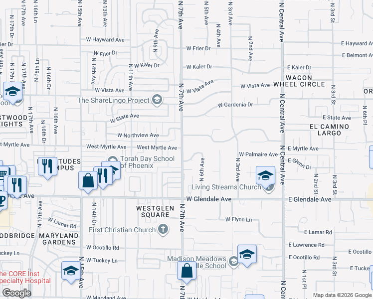 map of restaurants, bars, coffee shops, grocery stores, and more near 622 West Palmaire Avenue in Phoenix