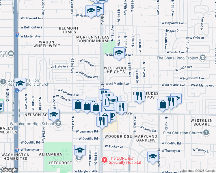 map of restaurants, bars, coffee shops, grocery stores, and more near 1813 West Myrtle Avenue in Phoenix