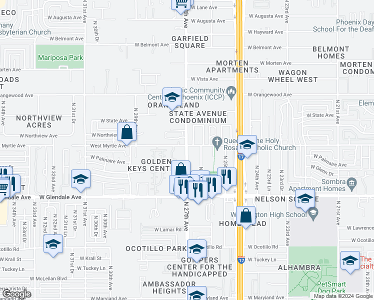 map of restaurants, bars, coffee shops, grocery stores, and more near 7130 North 27th Avenue in Phoenix