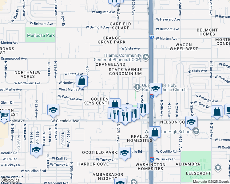 map of restaurants, bars, coffee shops, grocery stores, and more near 7130 North 27th Avenue in Phoenix