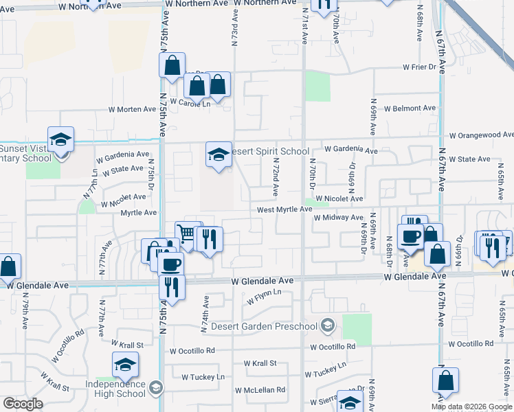 map of restaurants, bars, coffee shops, grocery stores, and more near 7260 West Midway Avenue in Glendale