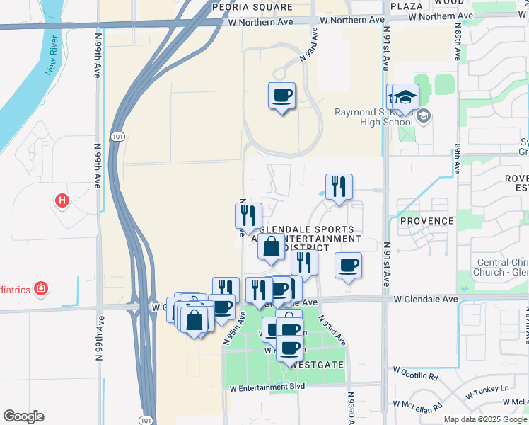 map of restaurants, bars, coffee shops, grocery stores, and more near 2 West Cabela Drive in Glendale